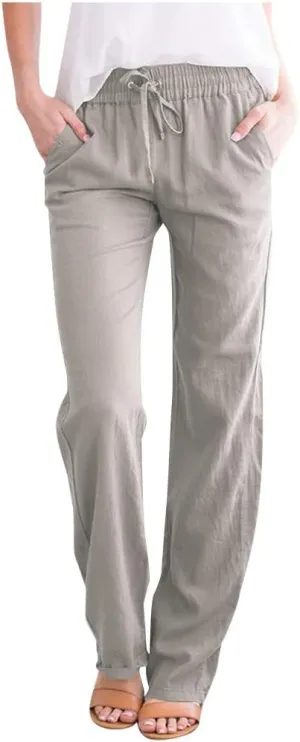 Women's Cotton Linen Drawstring High Waisted Pants Summer Palazzo Pants Casual Loose Fit Wide Leg Trousers with Pockets
