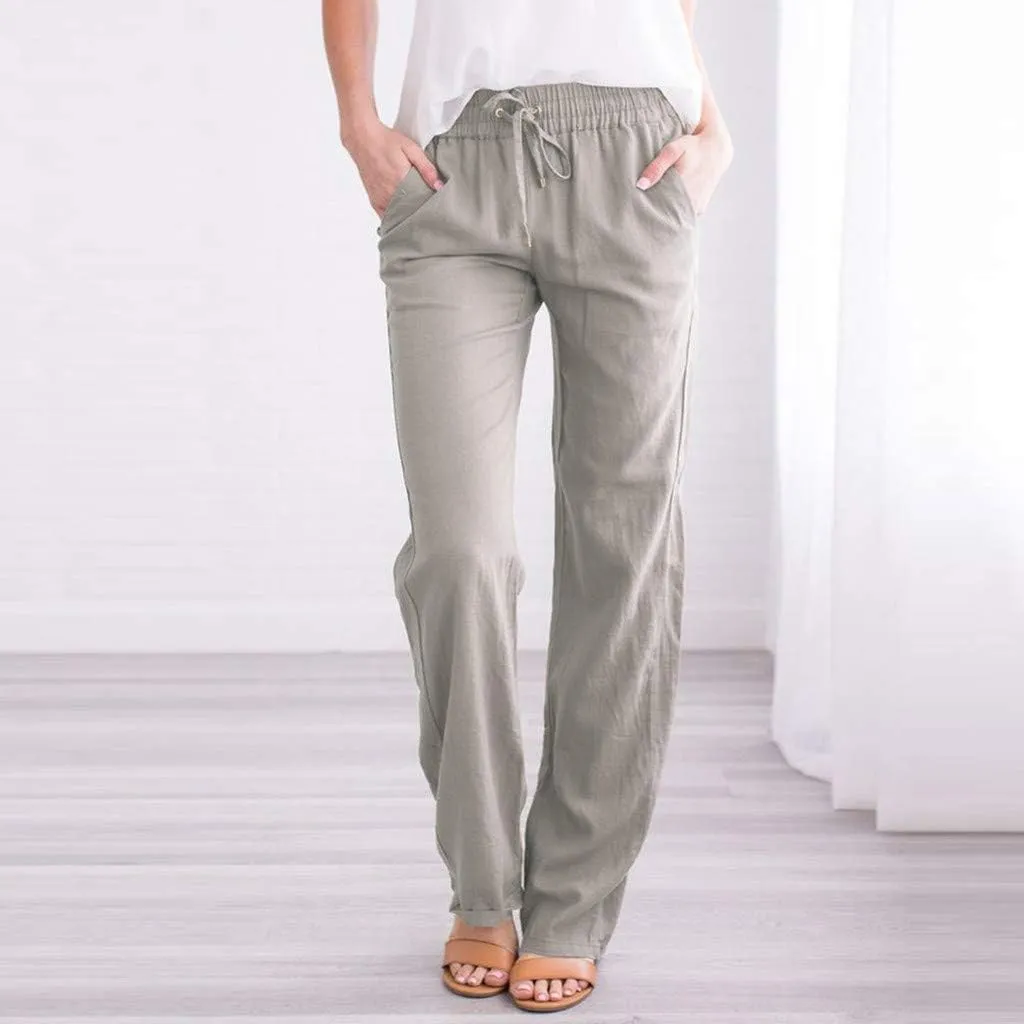 Women's Cotton Linen Drawstring High Waisted Pants Summer Palazzo Pants Casual Loose Fit Wide Leg Trousers with Pockets
