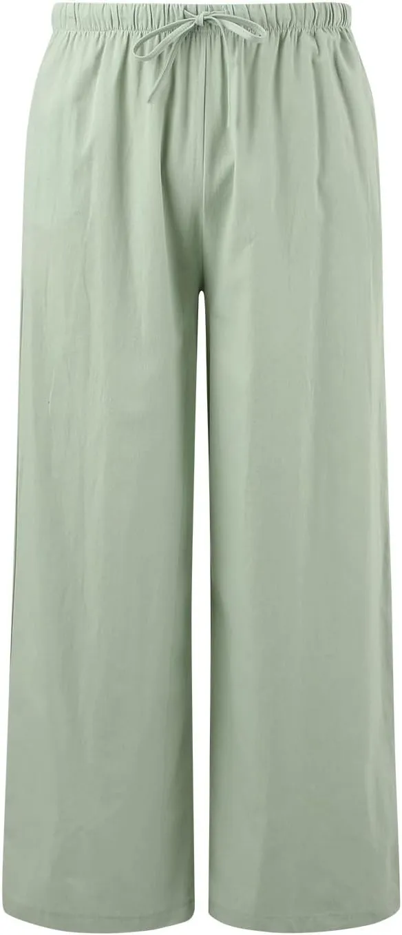 Womens Cotton Linen Palazzo Pants Casual Summer Beach Flowy Drawstring Elastic Waist Wide Leg Trousers with Pockets