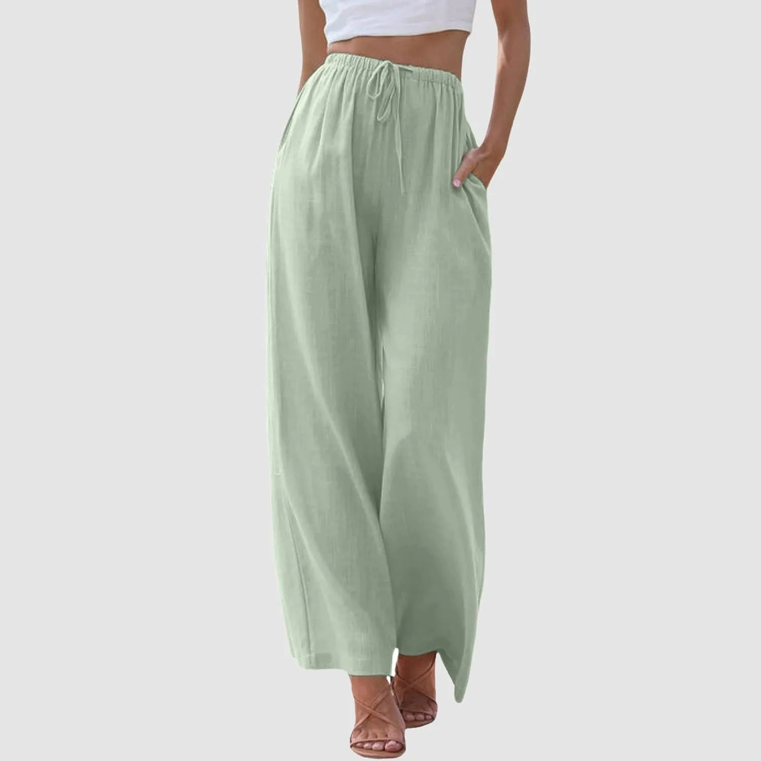 Womens Cotton Linen Palazzo Pants Casual Summer Beach Flowy Drawstring Elastic Waist Wide Leg Trousers with Pockets