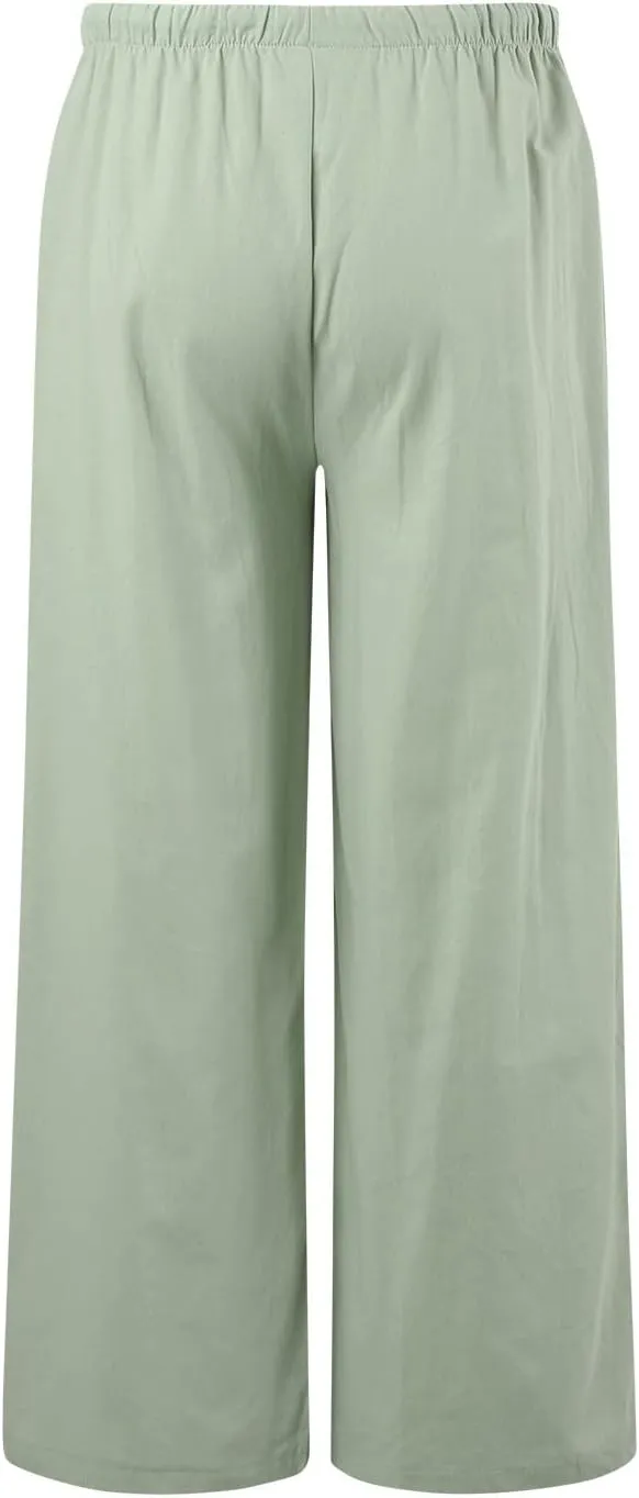 Womens Cotton Linen Palazzo Pants Casual Summer Beach Flowy Drawstring Elastic Waist Wide Leg Trousers with Pockets