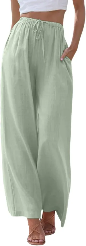 Womens Cotton Linen Palazzo Pants Casual Summer Beach Flowy Drawstring Elastic Waist Wide Leg Trousers with Pockets