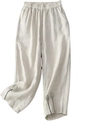 Women's Cotton Linen Pants Casual Loose Elastic Waist Beach Lightweight Summer Boho Trousers Lounge Pants with Pockets
