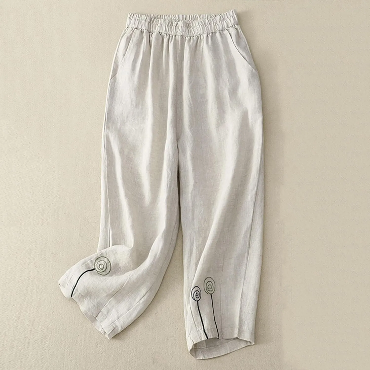 Women's Cotton Linen Pants Casual Loose Elastic Waist Beach Lightweight Summer Boho Trousers Lounge Pants with Pockets