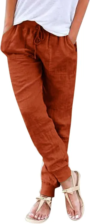 Womens Cotton Linen Tapered Pants Summer Drawstring Elastic Waist Pants Casual Trousers with Pockets