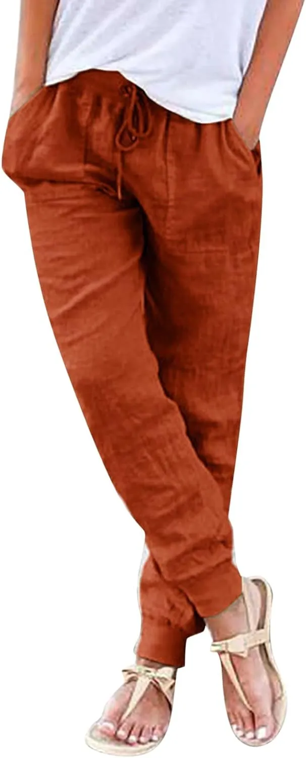 Womens Cotton Linen Tapered Pants Summer Drawstring Elastic Waist Pants Casual Trousers with Pockets