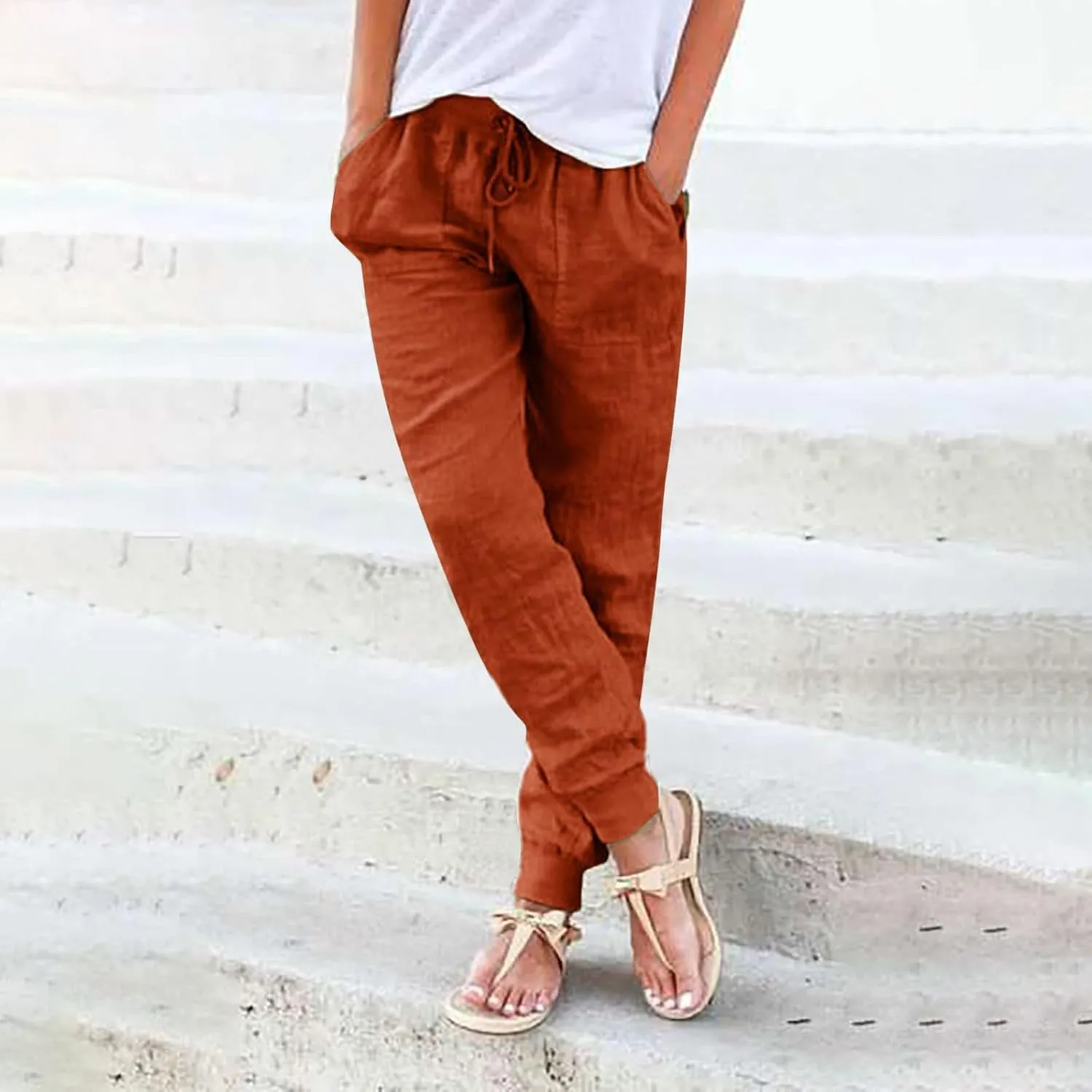 Womens Cotton Linen Tapered Pants Summer Drawstring Elastic Waist Pants Casual Trousers with Pockets