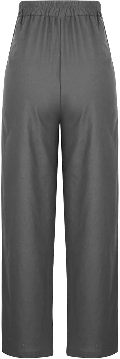 Womens Cotton Linen Wide Leg Pants Back Elastic Waist Flowy Pants with Side Pockets Casual Baggy Palazzo Trousers