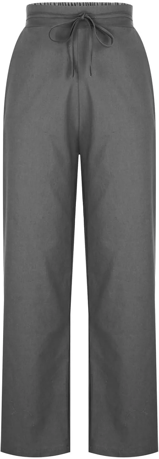 Womens Cotton Linen Wide Leg Pants Back Elastic Waist Flowy Pants with Side Pockets Casual Baggy Palazzo Trousers
