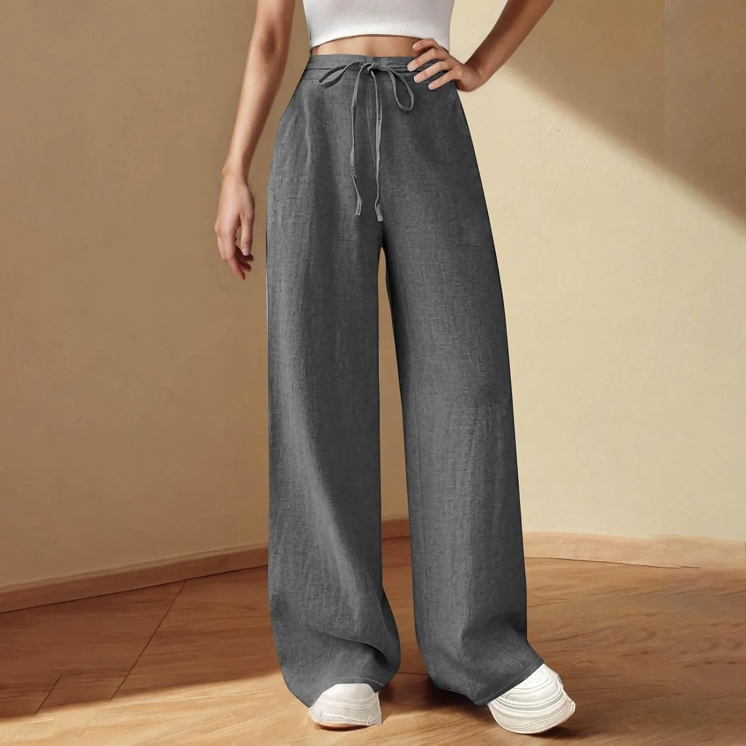 Womens Cotton Linen Wide Leg Pants Back Elastic Waist Flowy Pants with Side Pockets Casual Baggy Palazzo Trousers