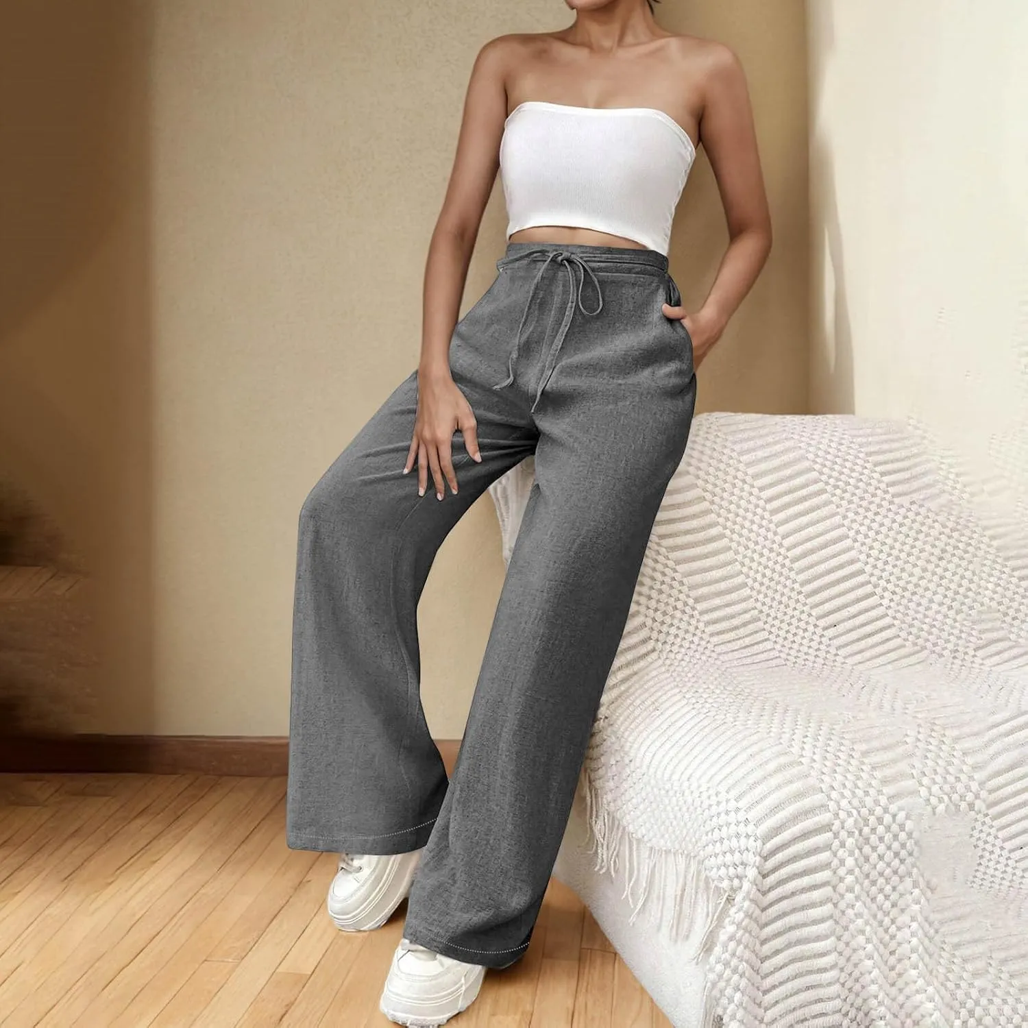 Womens Cotton Linen Wide Leg Pants Back Elastic Waist Flowy Pants with Side Pockets Casual Baggy Palazzo Trousers