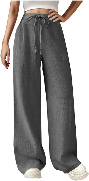 Womens Cotton Linen Wide Leg Pants Back Elastic Waist Flowy Pants with Side Pockets Casual Baggy Palazzo Trousers