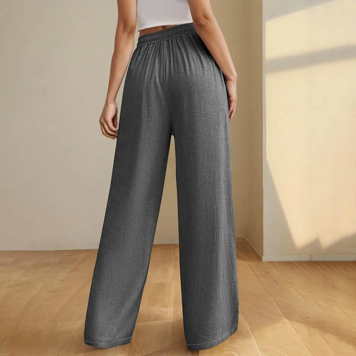 Womens Cotton Linen Wide Leg Pants Back Elastic Waist Flowy Pants with Side Pockets Casual Baggy Palazzo Trousers