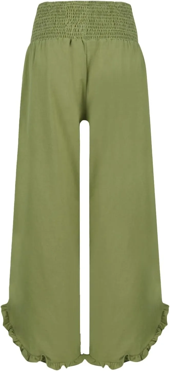 Women's Cotton Linen Wide Leg Pants Comfy Breathble Trousers with Irregular Pants Leg for Outdoor