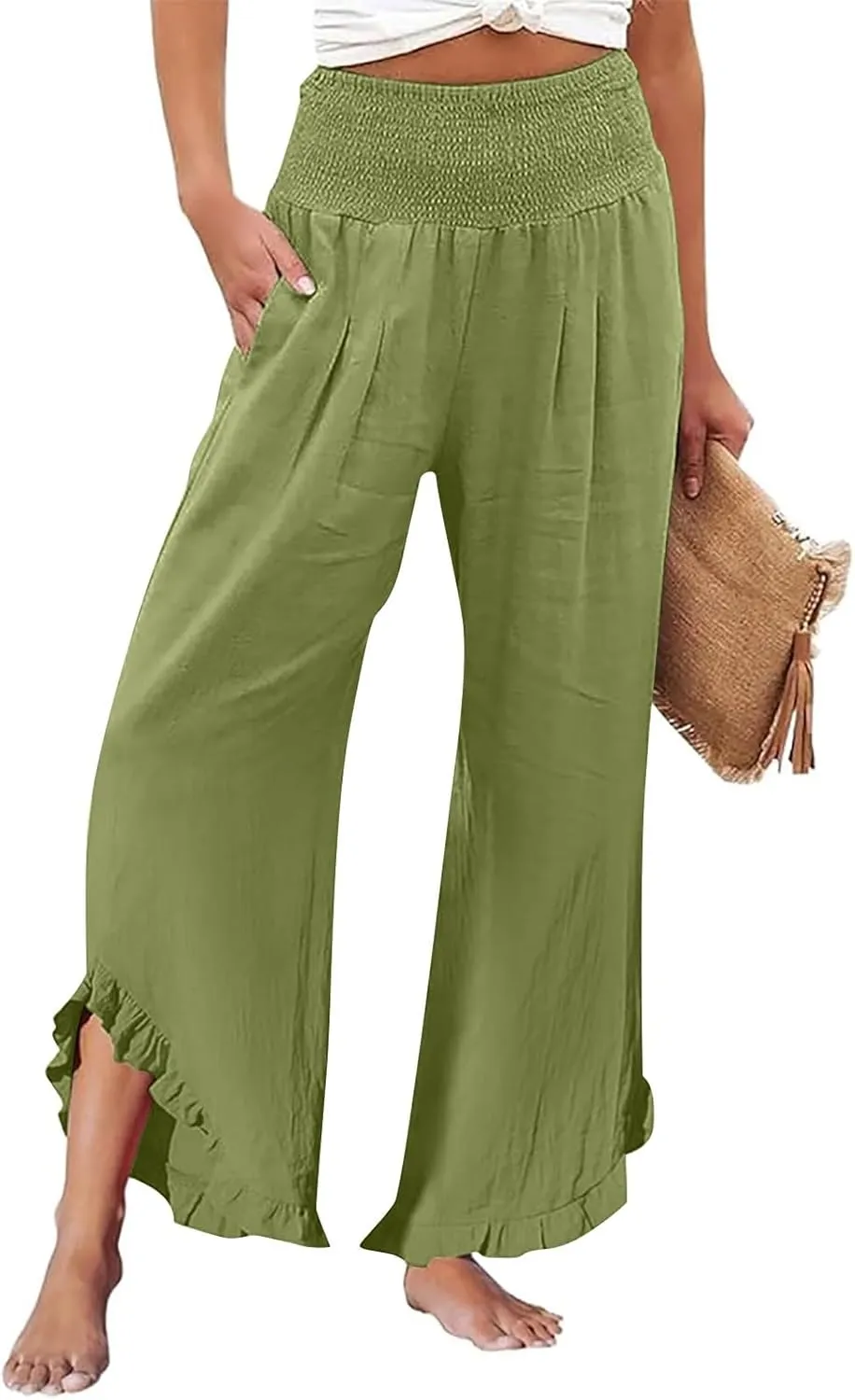 Women's Cotton Linen Wide Leg Pants Comfy Breathble Trousers with Irregular Pants Leg for Outdoor