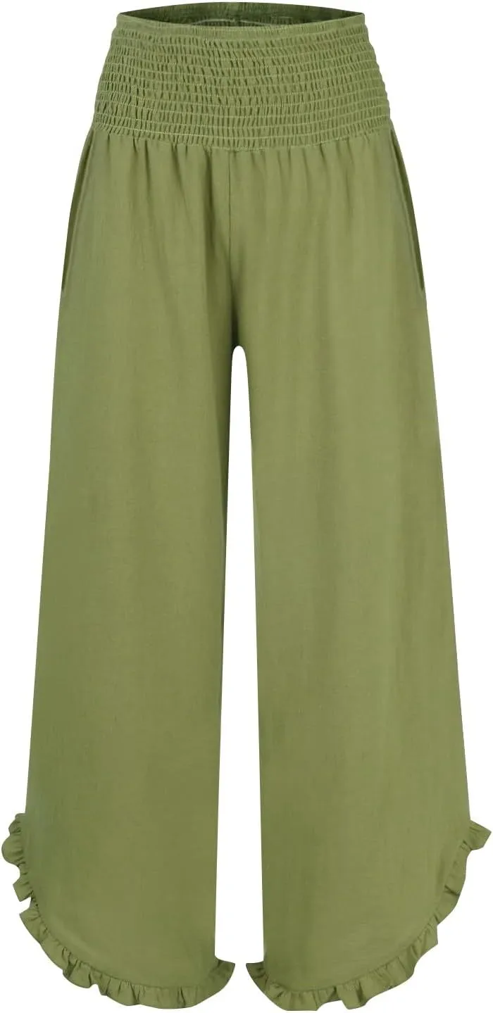 Women's Cotton Linen Wide Leg Pants Comfy Breathble Trousers with Irregular Pants Leg for Outdoor