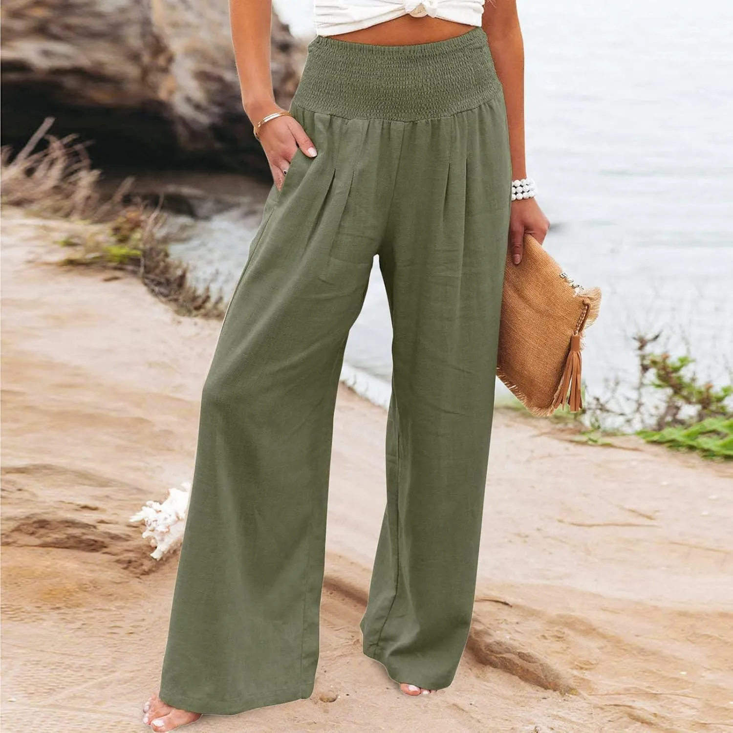 Womens Cotton Linen Wide Leg Pants Elastic High Waist Wide Leg Palazzo Pants