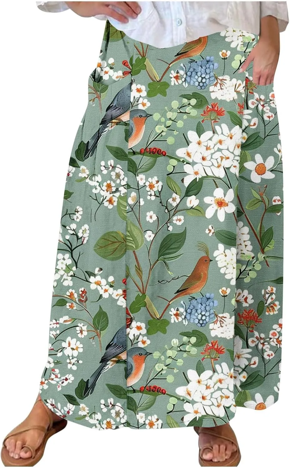 Women's Elastic Waist A Line Swing Flared Pleated Skirts Plus Size Fashion Boho Floral Print Long Skirts with Pocket