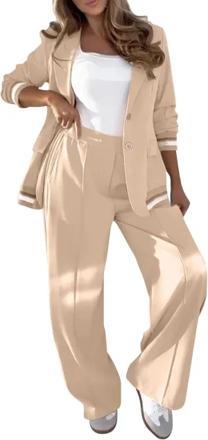 Women's Fall Spring 2 Piece Blazer Outfits Business Casual Oversized Jacket Wide Leg Work Pants Dressy Suit Se