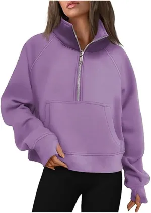 Women's Fashion Casual Half Zipper Short Stand Collar Plus Fleece Solid Color Hoodie Ladies Sweatsuits
