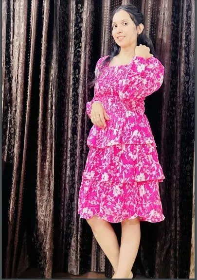 Women's Floral Print Mini Party Dresses Puff Sleeve Flowy 3 Layer Ruffle Casual Dress