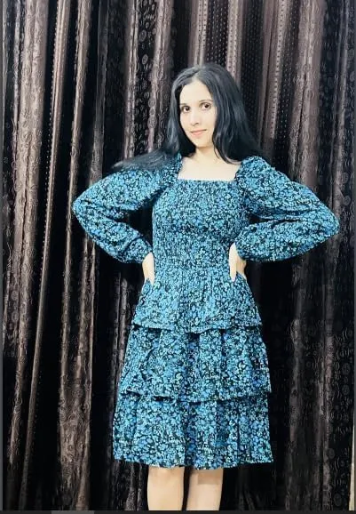 Women's Floral Print Mini Party Dresses Puff Sleeve Flowy 3 Layer Ruffle Casual Dress