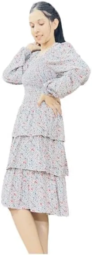 Women's Floral Print Mini Party Dresses Puff Sleeve Flowy 3 Layer Ruffle Casual Dress
