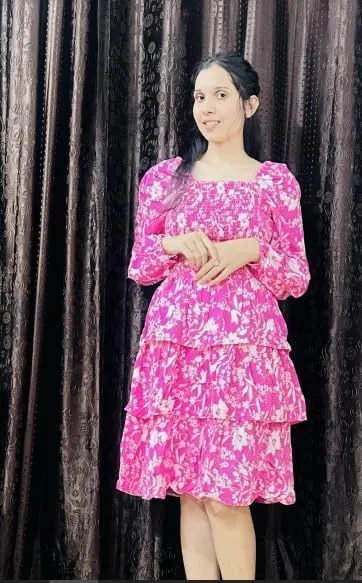 Women's Floral Print Mini Party Dresses Puff Sleeve Flowy 3 Layer Ruffle Casual Dress