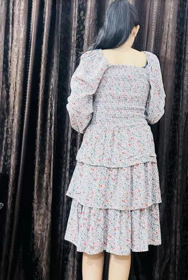 Women's Floral Print Mini Party Dresses Puff Sleeve Flowy 3 Layer Ruffle Casual Dress