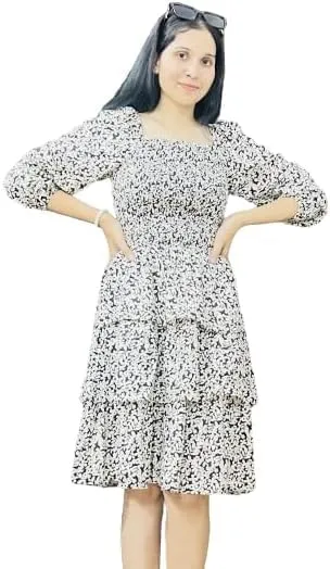 Women's Floral Print Mini Party Dresses Puff Sleeve Flowy 3 Layer Ruffle Casual Dress
