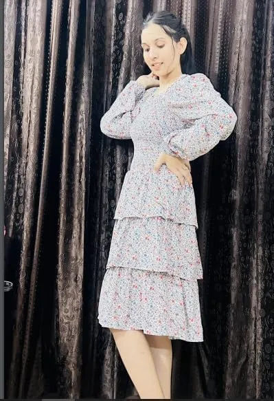 Women's Floral Print Mini Party Dresses Puff Sleeve Flowy 3 Layer Ruffle Casual Dress