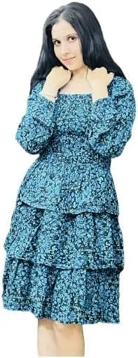 Women's Floral Print Mini Party Dresses Puff Sleeve Flowy 3 Layer Ruffle Casual Dress