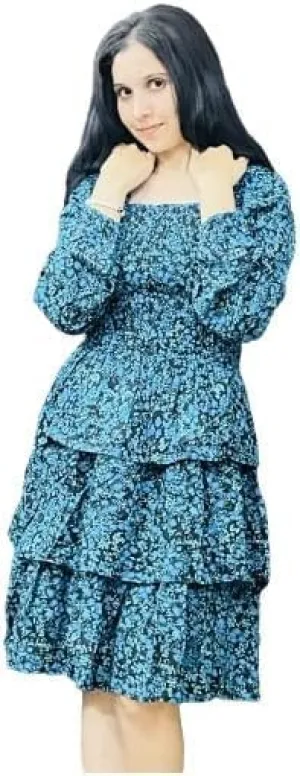 Women's Floral Print Mini Party Dresses Puff Sleeve Flowy 3 Layer Ruffle Casual Dress