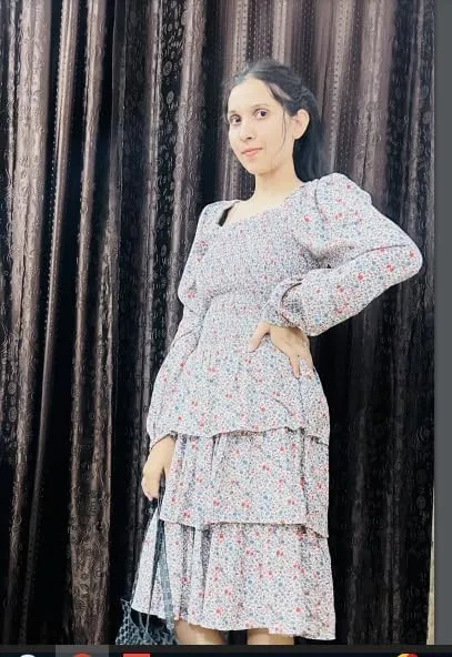 Women's Floral Print Mini Party Dresses Puff Sleeve Flowy 3 Layer Ruffle Casual Dress