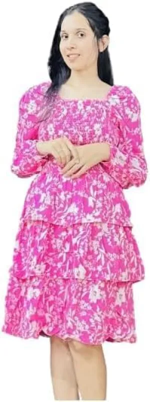 Women's Floral Print Mini Party Dresses Puff Sleeve Flowy 3 Layer Ruffle Casual Dress