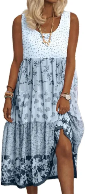 Womens' Floral Sundress Summer Casual Loose Midi Dress Beach Boho Sleeveless High Waist Plus Size Dresses