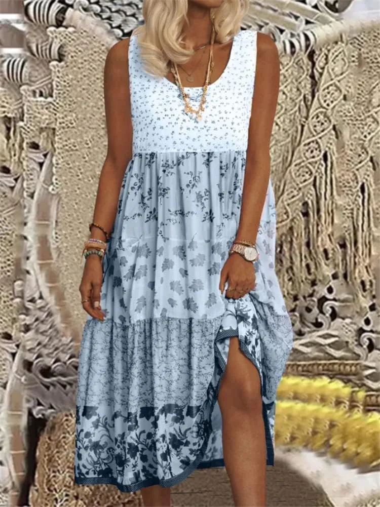 Womens' Floral Sundress Summer Casual Loose Midi Dress Beach Boho Sleeveless High Waist Plus Size Dresses