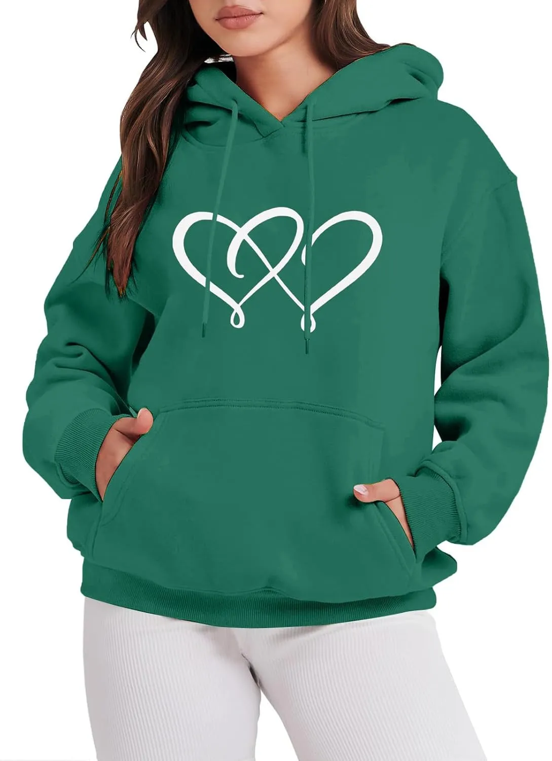 Women's Graphic Hoodies Heart Print Drawstring Long Sleeve Pocket Sweatshirt Casual Loose Fit Crewneck Pullover Tops