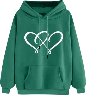 Women's Graphic Hoodies Heart Print Drawstring Long Sleeve Pocket Sweatshirt Casual Loose Fit Crewneck Pullover Tops