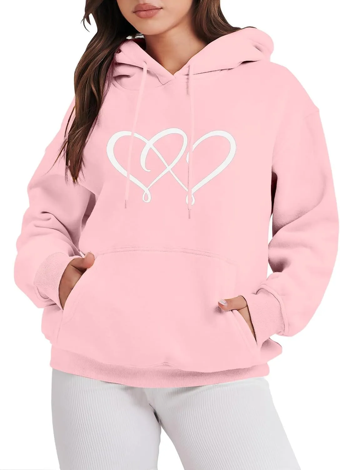Women's Graphic Hoodies Heart Print Drawstring Long Sleeve Pocket Sweatshirt Casual Loose Fit Crewneck Pullover Tops