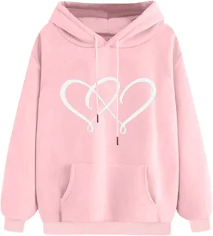 Women's Graphic Hoodies Heart Print Drawstring Long Sleeve Pocket Sweatshirt Casual Loose Fit Crewneck Pullover Tops