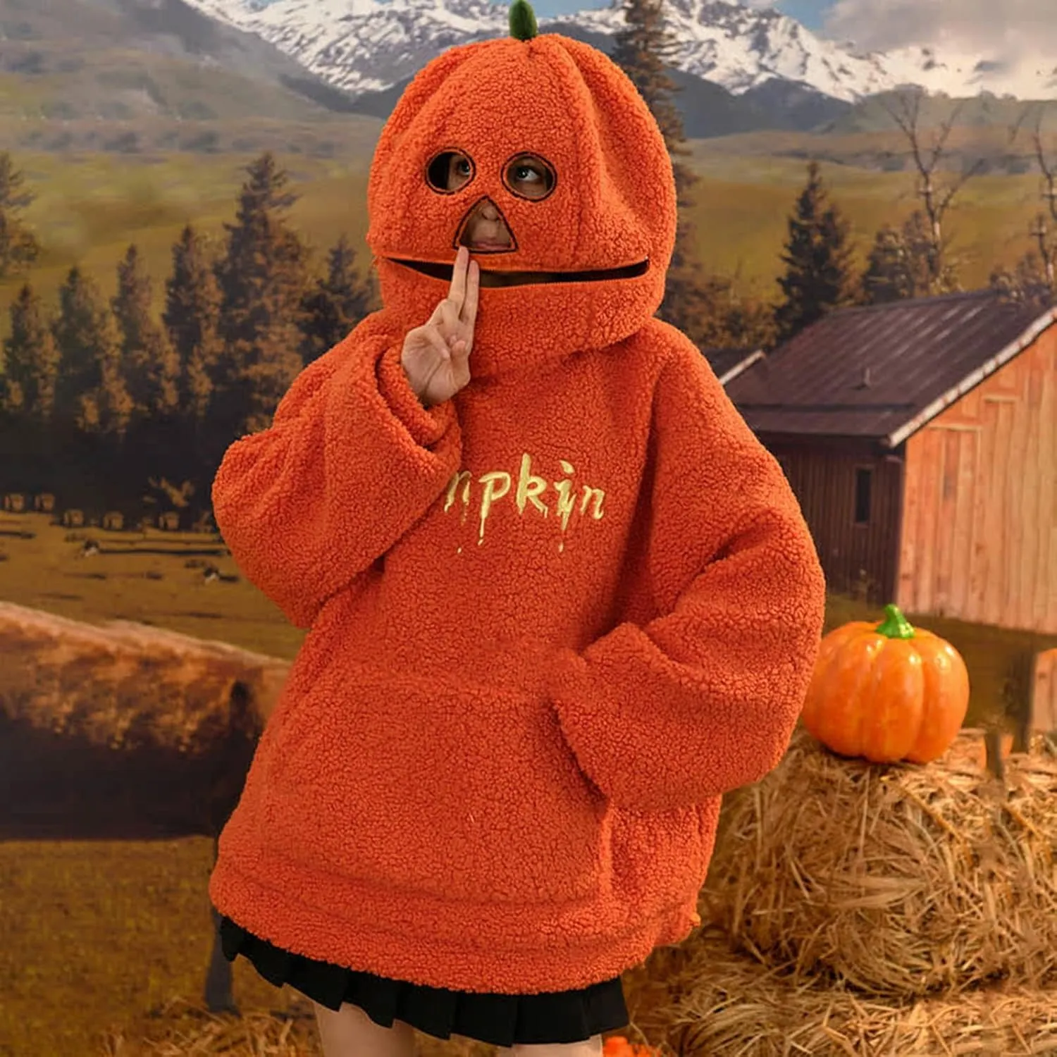 Womens Halloween Costumes Funny Pumpkin Face Hoodie Cute Plush Pullover Sweaters with Pocket Oversized Sweatshirt
