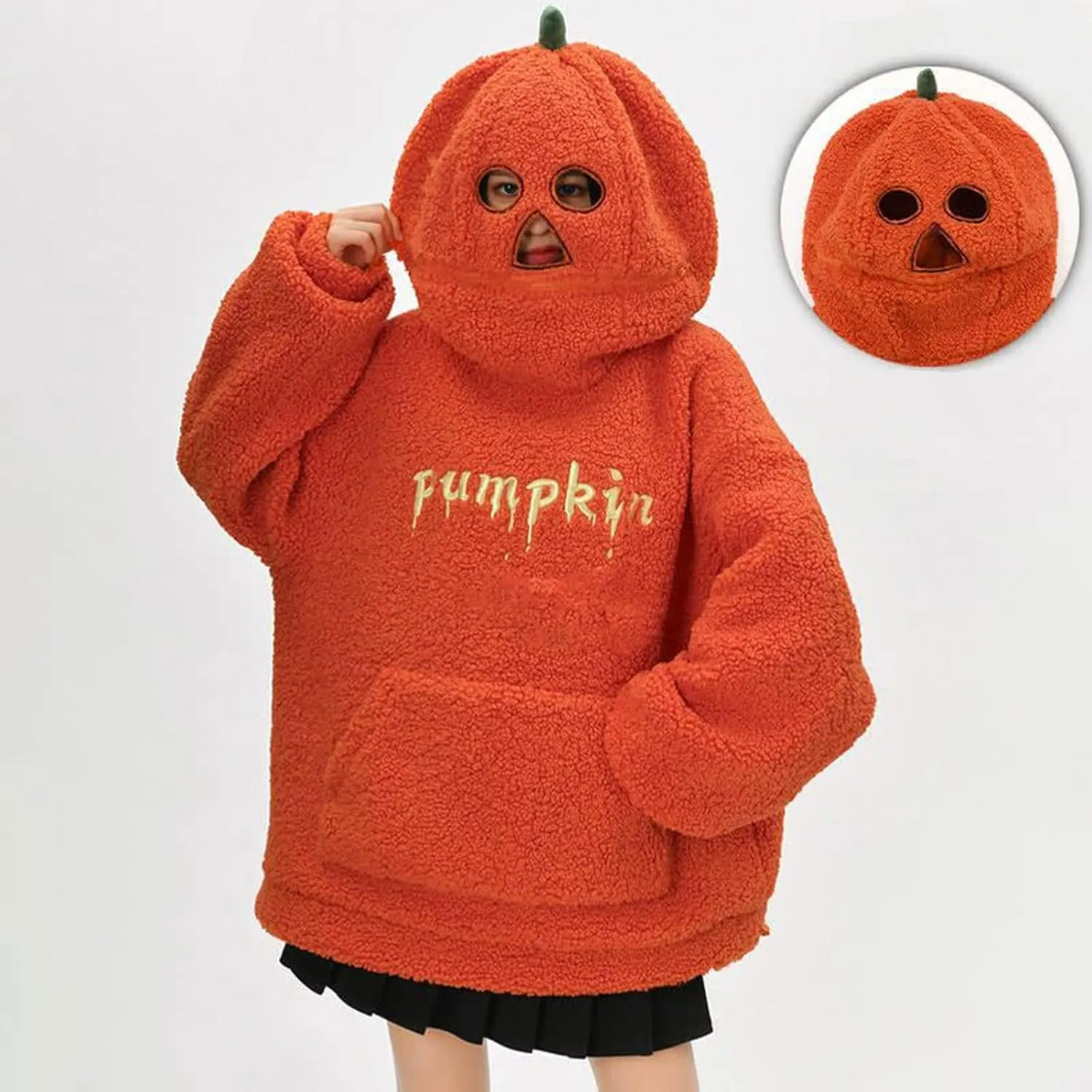 Womens Halloween Costumes Funny Pumpkin Face Hoodie Cute Plush Pullover Sweaters with Pocket Oversized Sweatshirt