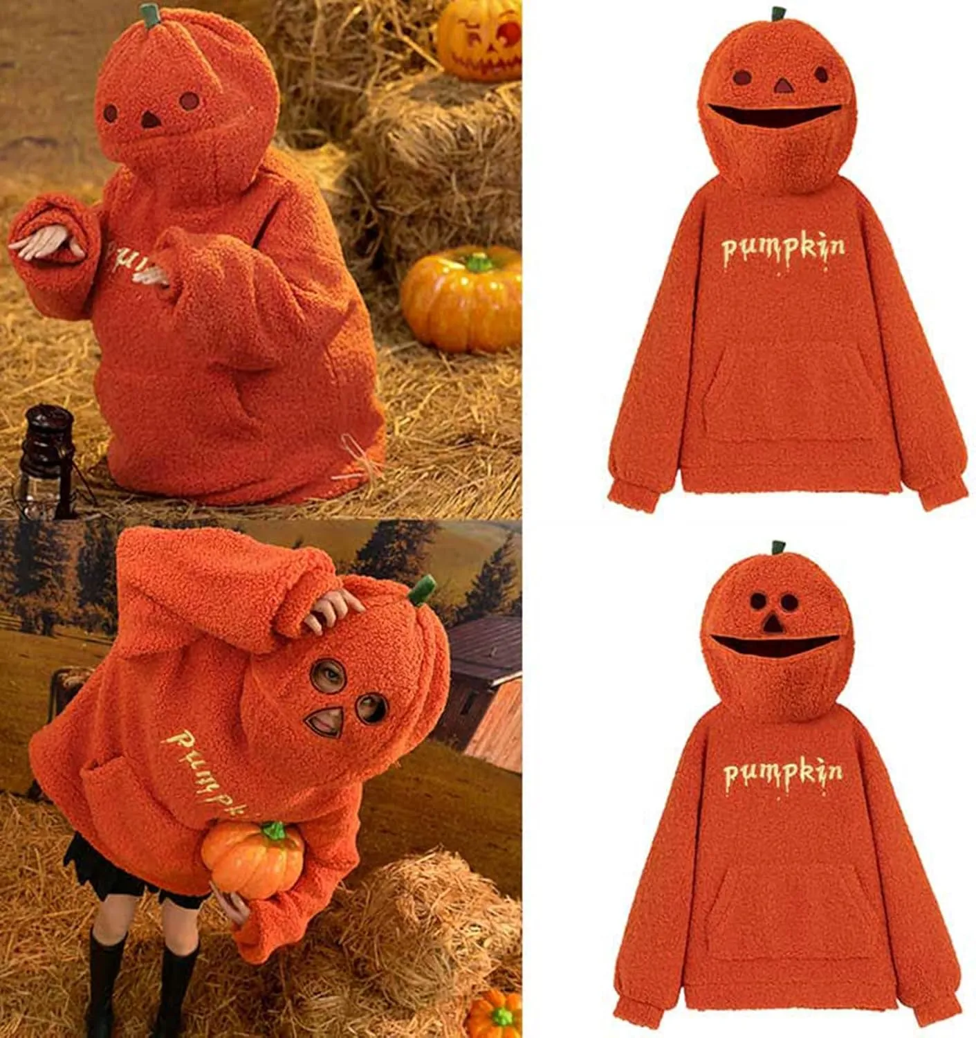 Womens Halloween Costumes Funny Pumpkin Face Hoodie Cute Plush Pullover Sweaters with Pocket Oversized Sweatshirt