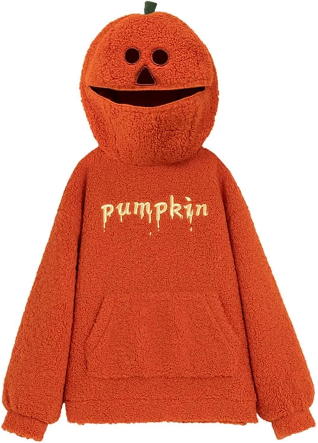 Womens Halloween Costumes Funny Pumpkin Face Hoodie Cute Plush Pullover Sweaters with Pocket Oversized Sweatshirt