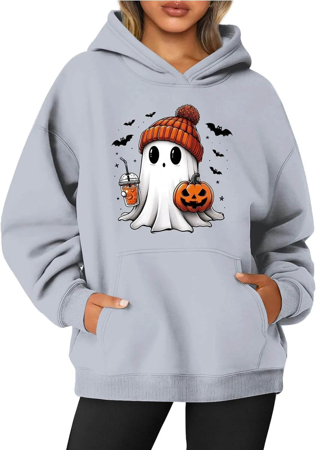 Women's Halloween Spooky Season Hoodie,Cute Ghost Graphic Sweatshirts Funny Pumpkin Face Tops Long Sleeve Hoodie 2024