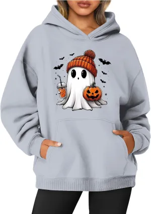 Women's Halloween Spooky Season Hoodie,Cute Ghost Graphic Sweatshirts Funny Pumpkin Face Tops Long Sleeve Hoodie 2024