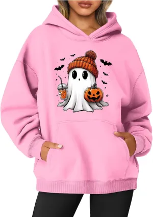 Women's Halloween Spooky Season Hoodie,Cute Ghost Graphic Sweatshirts Funny Pumpkin Face Tops Long Sleeve Hoodie 2024