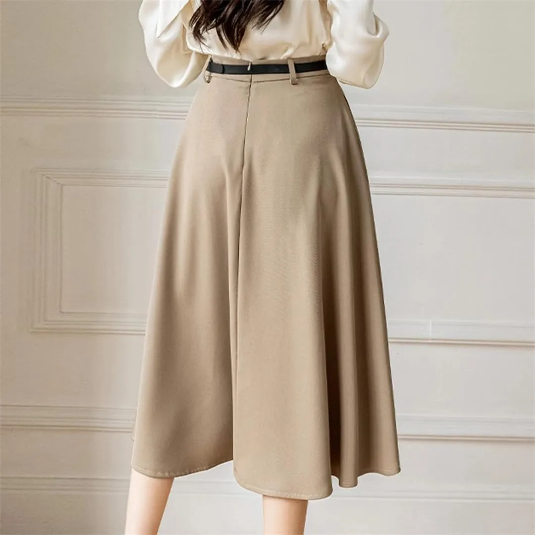 Women's High Waist A Line Skirt Simple Retro Office Midi Skirt Casual Pleated Skirt with Belt