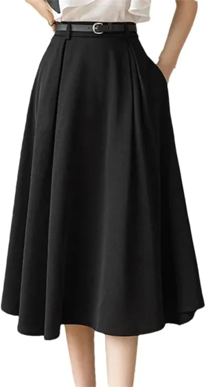 Women's High Waist A Line Skirt Simple Retro Office Midi Skirt Casual Pleated Skirt with Belt